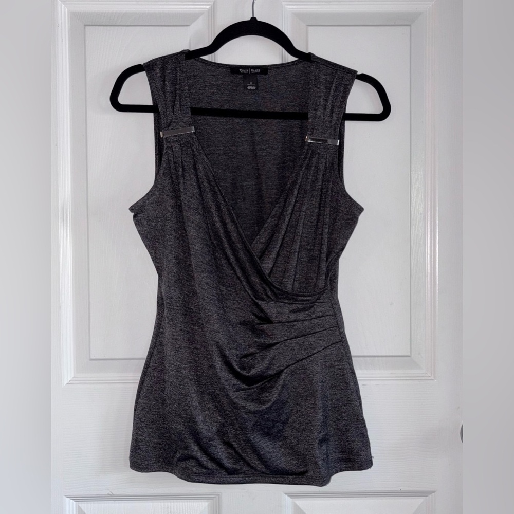 White House Black Market Y2K Surplice Drape Tank Black Silver Metallic Small